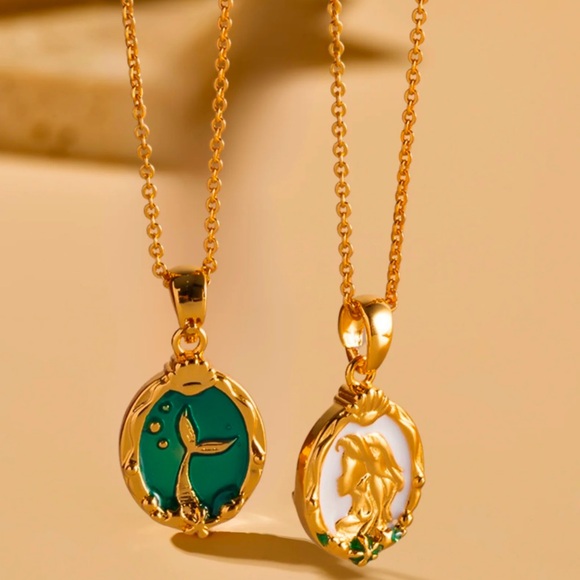 “Mermaid Profile & Tail” Cameo Silhouette Bubble Starfish Two-Way 18K Necklace - Picture 3 of 16
